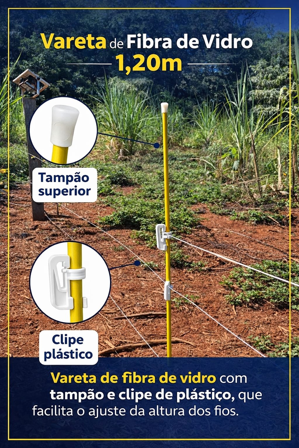 Vareta de fibra de vidro 1,20m com isoladores e clipe plástico para cerca elétrica